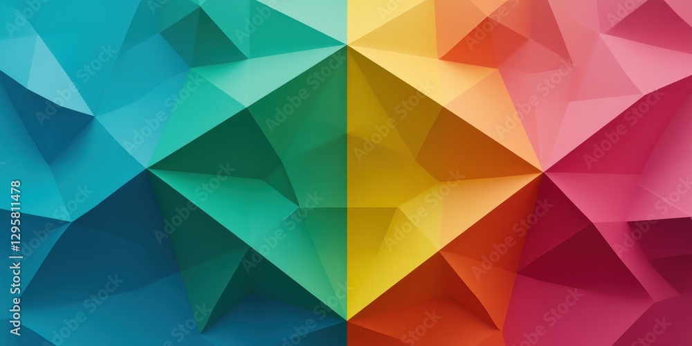 Obraz premium A vibrant geometric pattern featuring a mix of teal, yellow, and red shades, creating a dynamic visual effect with three-dimensional depth.