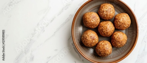 Homemade energy balls on ceramic plate with marble surface background