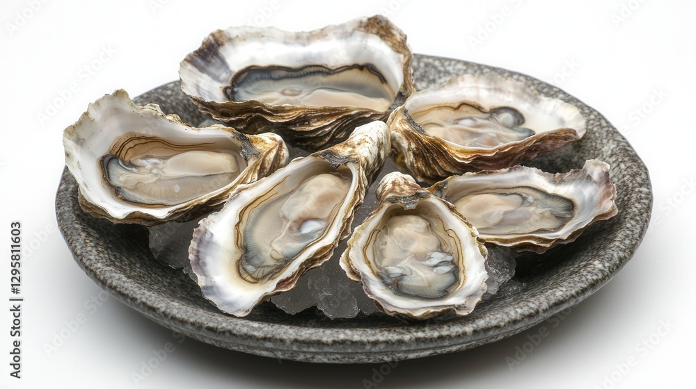 Freshly Shucked Oysters Displayed on a Textured Plate Surrounded by Crushed Ice for a Culinary Presentation or Seafood Feast Freshly Shucked Oysters Displayed on a Textured Plate Surrounded by Crushed Ice for a Culinary Presentation or Seafood Feast