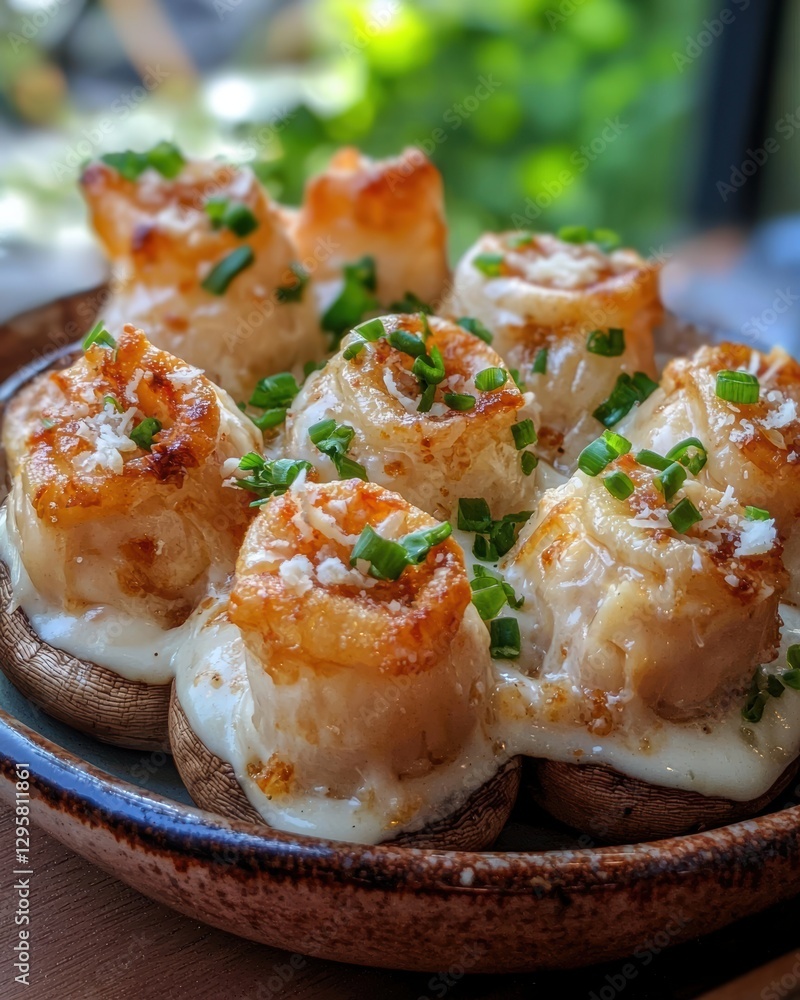 Baked mushrooms stuffed with scallops and cheese Baked mushrooms stuffed with scallops and cheese