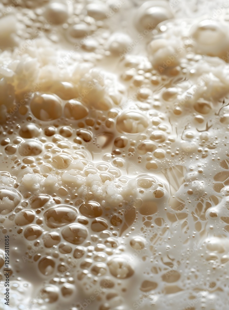 Macro Shot of Coconut Milk Forming Tiny Bubbles on Sticky Rice with Silky Smooth Sheen Macro Shot of Coconut Milk Forming Tiny Bubbles on Sticky Rice with Silky Smooth Sheen