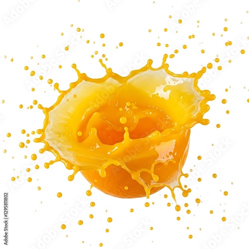 Professional studio photography, 4K, ultra-realistic style on a white background: a splash of thick orange juice in the air. An exploding orange bursts, scattering juice droplets.