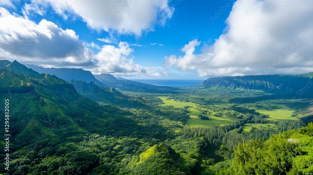 Breathtaking panoramic view of lush green valley with rolling hills and distant ocean under bright sky : Generative AI Breathtaking panoramic view of lush green valley with rolling hills and distant ocean under bright sky : Generative AI