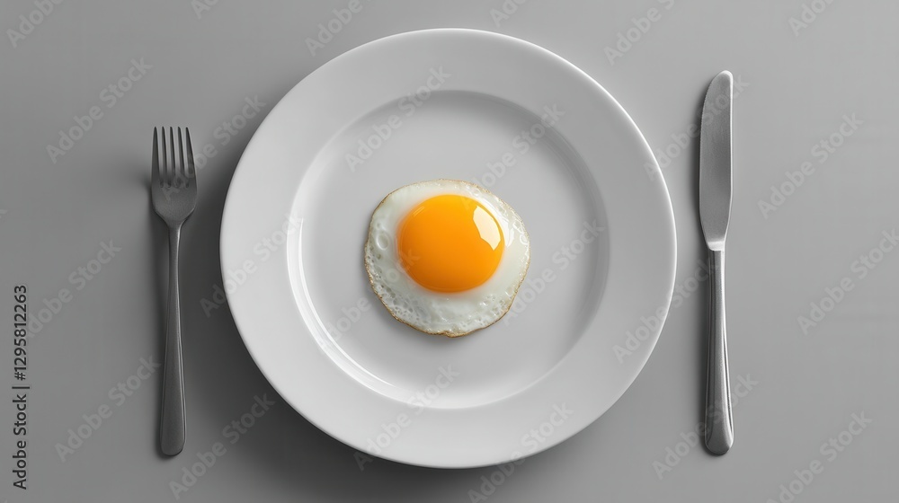 Single Fried Egg on White Plate with Fork and Knife on Simple Grey Background for Culinary and Lifestyle Photography Single Fried Egg on White Plate with Fork and Knife on Simple Grey Background for Culinary and Lifestyle Photography