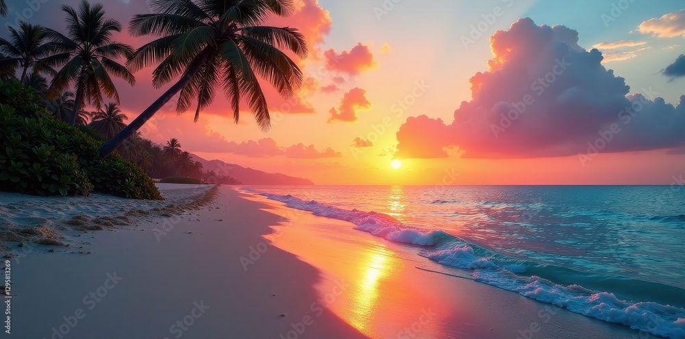 Serene Sunset Beachscape Palm Trees Silhouette Against Vibrant Sky, Gentle Waves Caressing Sandy Shore Serene Sunset Beachscape Palm Trees Silhouette Against Vibrant Sky, Gentle Waves Caressing Sandy Shore