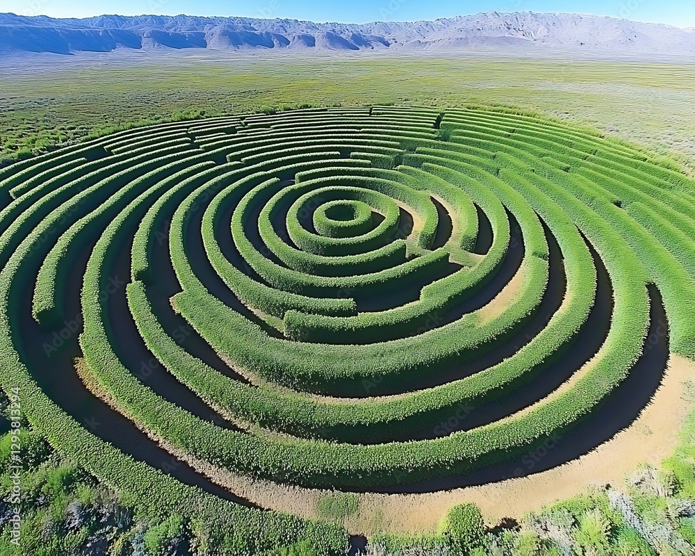 Aerial view of a circular hedge maze in a desert Aerial view of a circular hedge maze in a desert