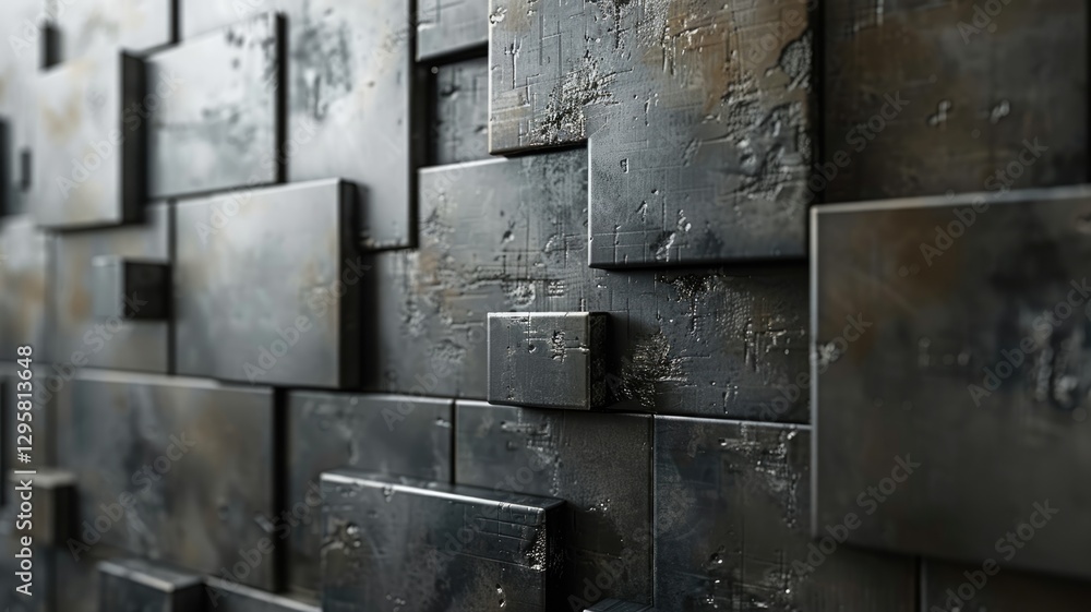 Abstract metallic geometric blocks in grey and gold. Abstract artwork of 3D rendering art with geometric shape with black wall. Digital art for design and print. Building construction concept. AIG53. Abstract metallic geometric blocks in grey and gold. Abstract artwork of 3D rendering art with geometric shape with black wall. Digital art for design and print. Building construction concept. AIG53.