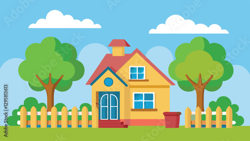 Charming vector illustration of a cozy house surrounded by trees and a picket fence under a bright sky