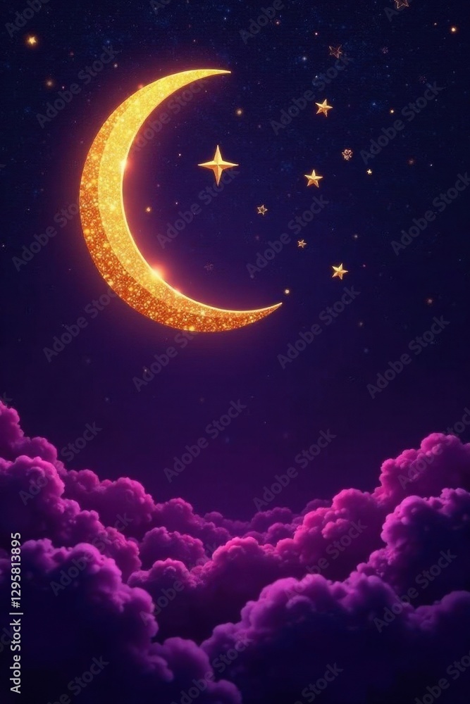 Golden crescent moon and stars on rich purple Ramadan background, tradition, mystical Golden crescent moon and stars on rich purple Ramadan background, tradition, mystical