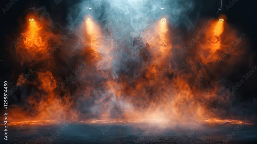 Dramatic spotlight illuminating a dark background with swirling smoke and glowing embers for cinematic texture overlays. Dramatic spotlight illuminating a dark background with swirling smoke and glowing embers for cinematic texture overlays.