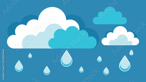Clouds with raindrops creating a minimal vector illustration of a rainy day over a blue background