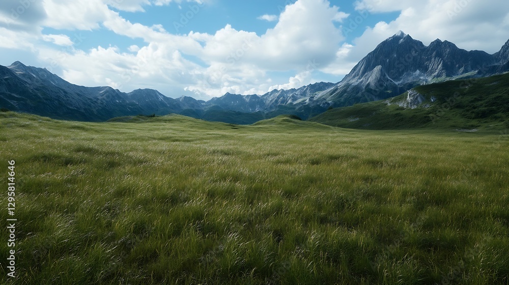 Fototapeta premium Vast Rocky Mountain Landscape with Lush Green Grass Under a Bright Blue Sky : Generative AI