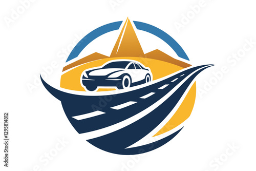 Vector illustration of a car driving on a winding road through mountains and trees during sunset