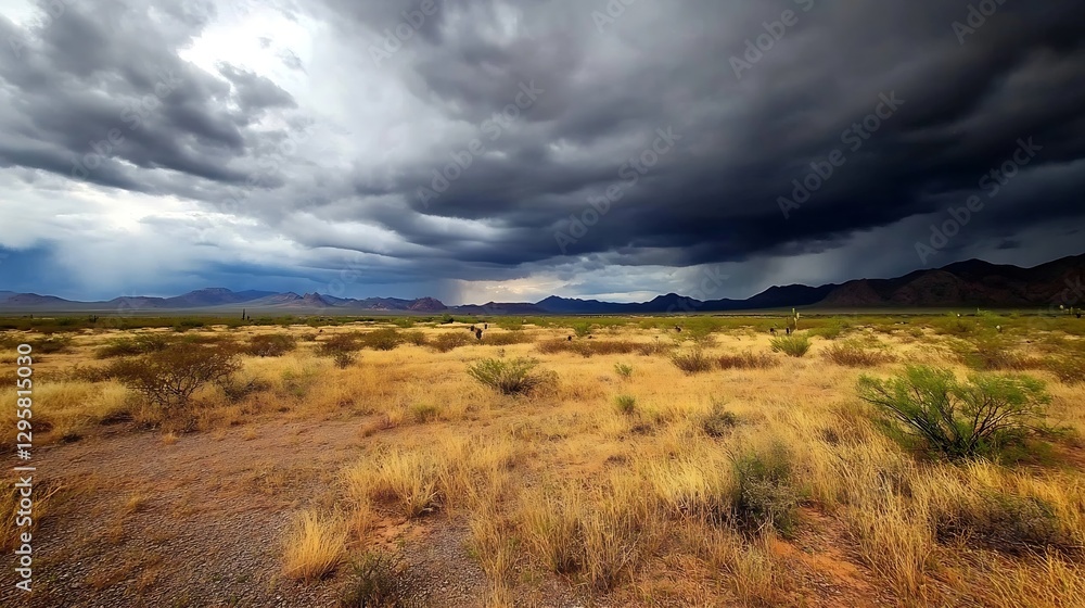 Gloomy Desert Landscape Under Dark Clouds with Rocky Mountains in Background : Generative AI Gloomy Desert Landscape Under Dark Clouds with Rocky Mountains in Background : Generative AI