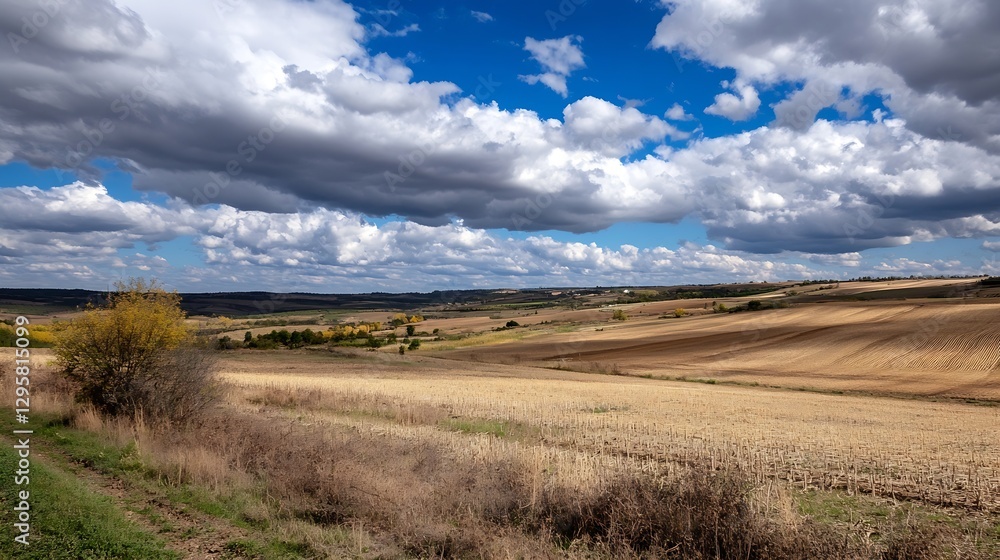 Obraz premium Vast Agricultural Landscape Under Dramatic Cloudy Sky : Generative AI