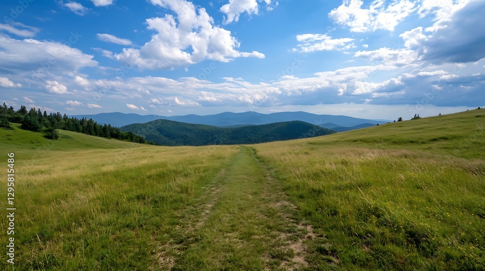 Breathtaking panoramic view of lush hills and valleys under a vibrant blue sky with puffy clouds : Generative AI Breathtaking panoramic view of lush hills and valleys under a vibrant blue sky with puffy clouds : Generative AI