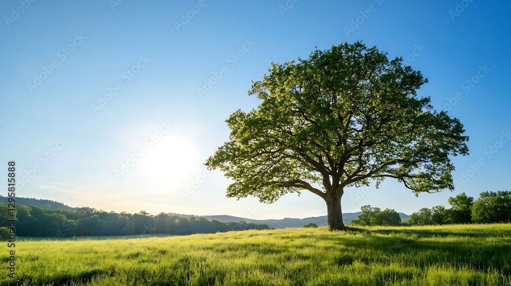 Lone Oak Tree in a Bright Green Field Under Clear Blue Sky at Sunset : Generative AI Lone Oak Tree in a Bright Green Field Under Clear Blue Sky at Sunset : Generative AI