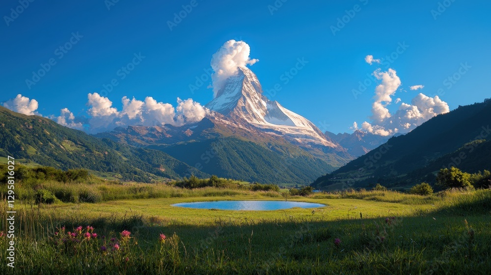 Fototapeta premium Majestic snow covered mountain rising above lush green landscape scenery