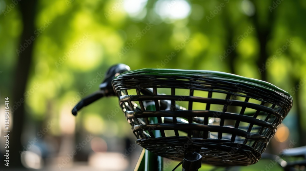 Close-up of bicycle basket with green trees in background Close-up of bicycle basket with green trees in background