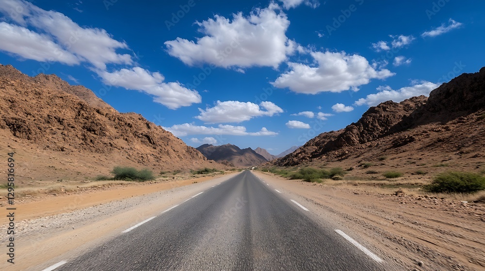 Scenic Desert Road Surrounded by Rugged Mountains and Blue Sky : Generative AI Scenic Desert Road Surrounded by Rugged Mountains and Blue Sky : Generative AI