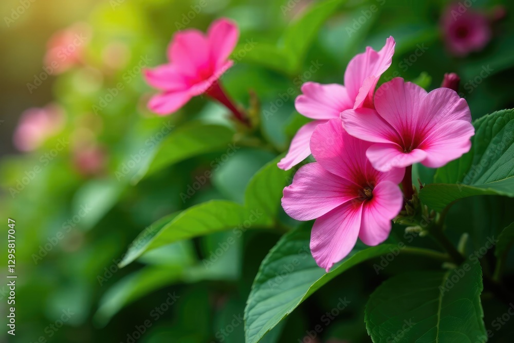 Lush green foliage with bright pink flowers in a garden, green leaves, blooming flowers, flowering plants Lush green foliage with bright pink flowers in a garden, green leaves, blooming flowers, flowering plants