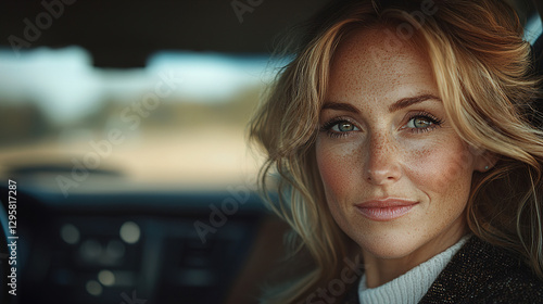 Free Download Woman with blonde hair showing a serene expression in a car during daylight in a rural setting. Generative AI - GFXLoad