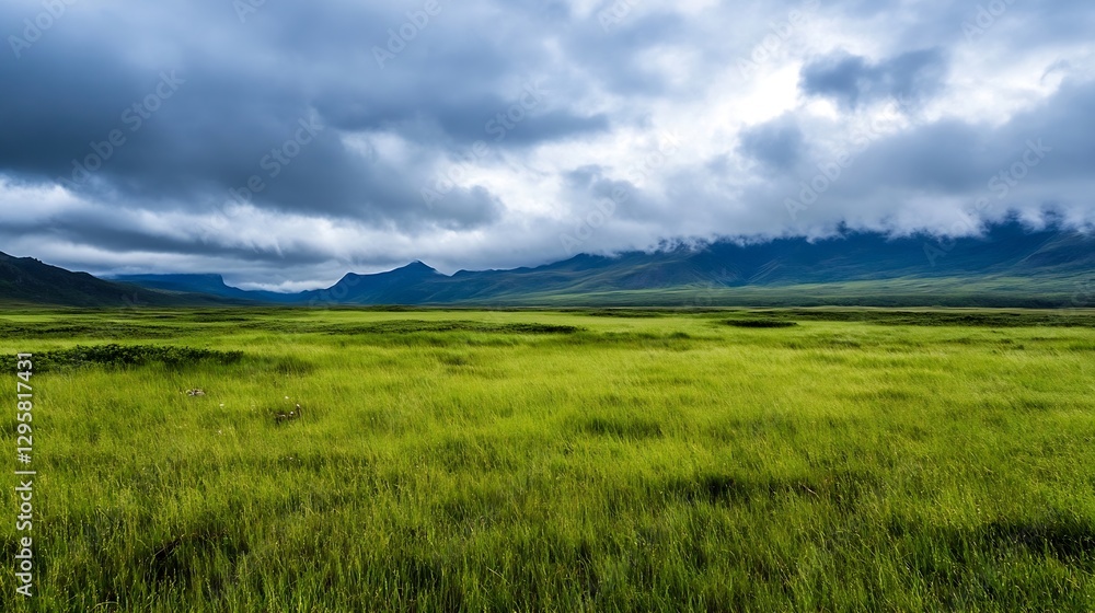 Fototapeta premium Vast green landscape under dramatic clouds during a serene day in nature : Generative AI