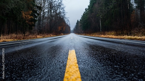 Rainy Alleyway with Wet Asphalt Road Surrounded by Forest Trees in Misty Atmosphere : Generative AI photo