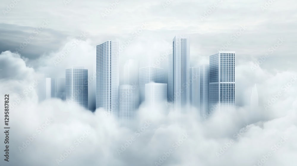 Fototapeta premium Modern skyscrapers emerging from dense clouds. Visionary urban development and futuristic architecture