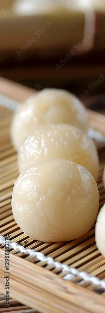 Freshly Made Japanese Dango on Bamboo Mat with Smooth, Round Shapes Freshly Made Japanese Dango on Bamboo Mat with Smooth, Round Shapes