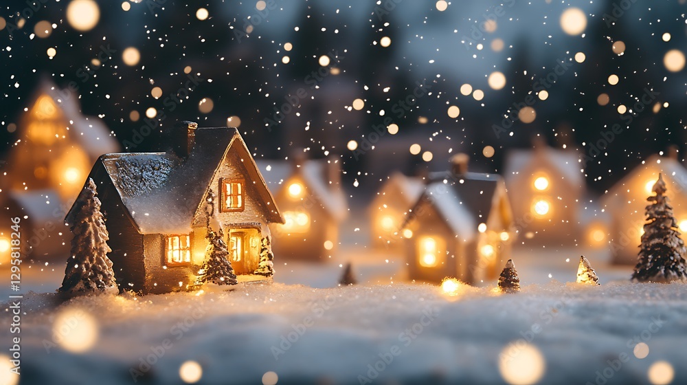 Fototapeta premium A cozy winter village with glowing lights and falling snow