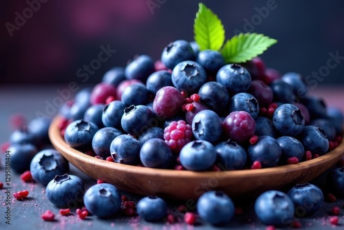 Wallpaper Mural A bountiful bowl overflowing with plump blueberries and raspberries, a vibrant mix of deep blues and rich reds, glistening under soft light, creating a visually appealing and delicious still life. Torontodigital.ca