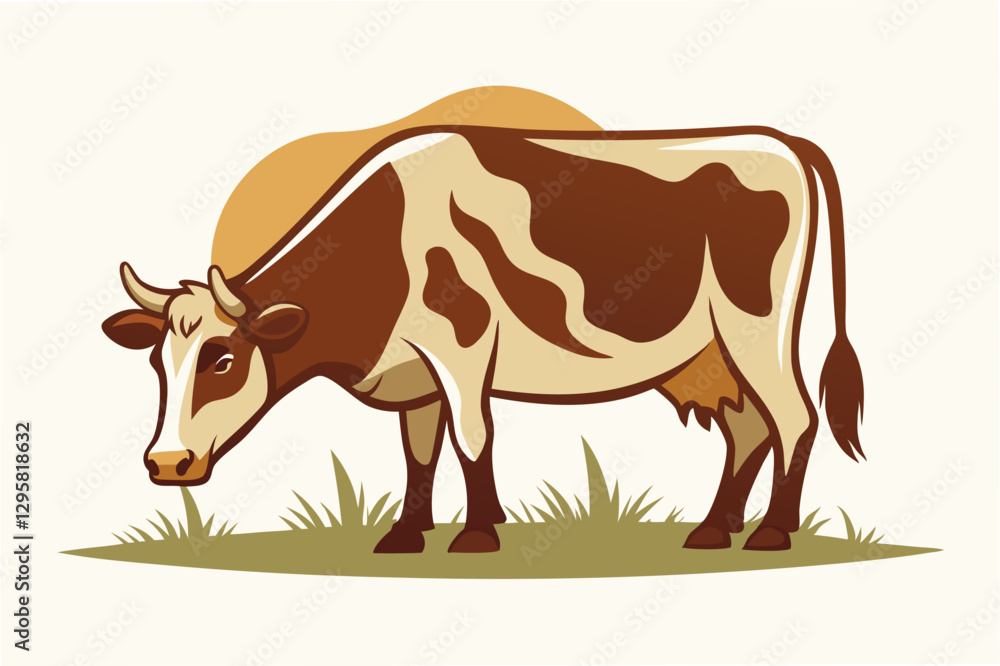 Vector illustration of a brown cow grazing in a green field under a clear sky with soft clouds Vector illustration of a brown cow grazing in a green field under a clear sky with soft clouds