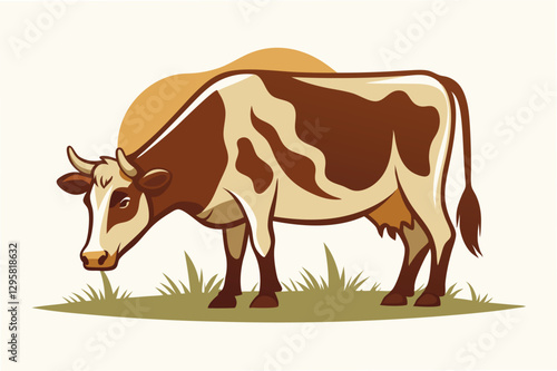 Vector illustration of a brown cow grazing in a green field under a clear sky with soft clouds