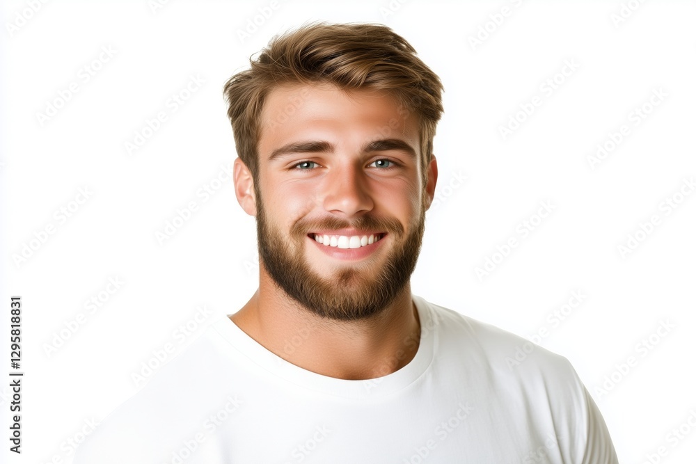 Smiling young man with a beard wearing a white t-shirt against plain background. Happiness and positive energy Smiling young man with a beard wearing a white t-shirt against plain background. Happiness and positive energy