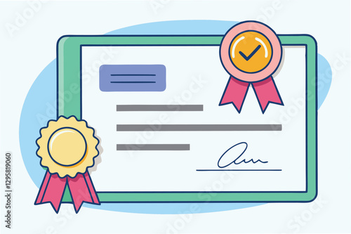 Certificate illustration featuring a decorative border, award ribbons, and a signature on an official document design