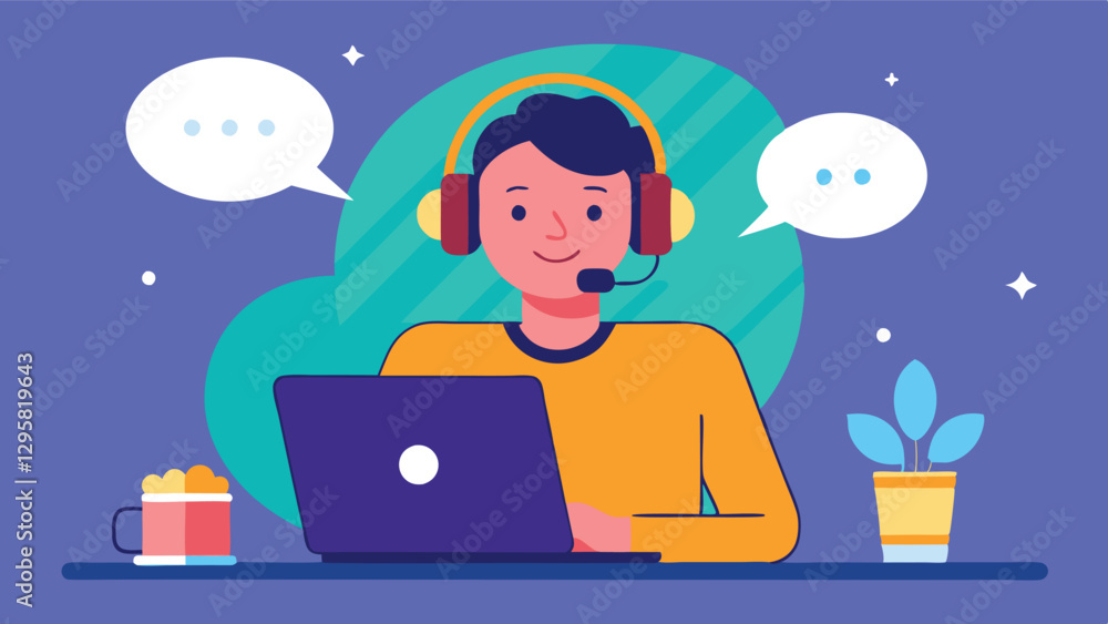Vector illustration of a person with headphones using a laptop while having an online conversation from a cozy workspace Vector illustration of a person with headphones using a laptop while having an online conversation from a cozy workspace