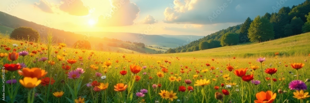 Sun-drenched meadow ablaze with diverse wildflowers , summer, sunny Sun-drenched meadow ablaze with diverse wildflowers , summer, sunny