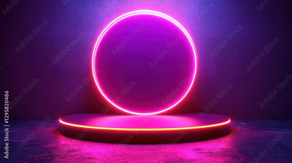 Neon circle podium display in dark room Neon circle podium display in dark room
