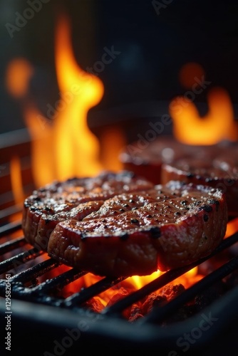 Thick-cut steak grilling, intense flame flare-up , cookout, flame