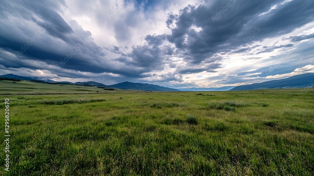 Expansive Green Meadow Under Dramatic Cloudy Sky with Mountains in the Distance : Generative AI Expansive Green Meadow Under Dramatic Cloudy Sky with Mountains in the Distance : Generative AI