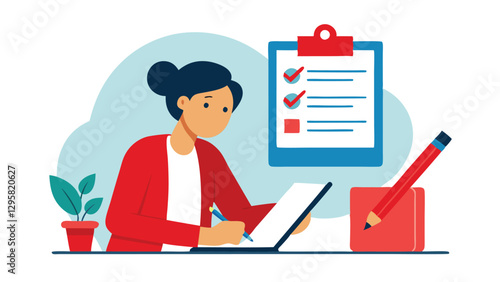 Vector illustration of a woman working on a checklist in a modern workspace surrounded by plants and stationery
