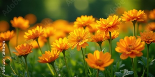 Vibrant orange and yellow blooms fill summer garden bed, flora, daytime, summer