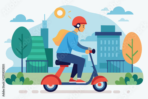 Vector illustration of a person riding an electric scooter through a city park on a sunny day, showcasing urban transport and leisure activities