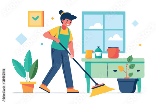 Indoor cleaning activity taking place in a bright, minimalist living space with plants and natural light coming through large windows