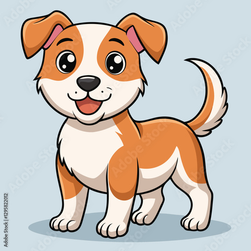 Cute cartoon dog standing happily in a playful pose with a friendly expression, featuring orange and gray fur with a white chest and paws
