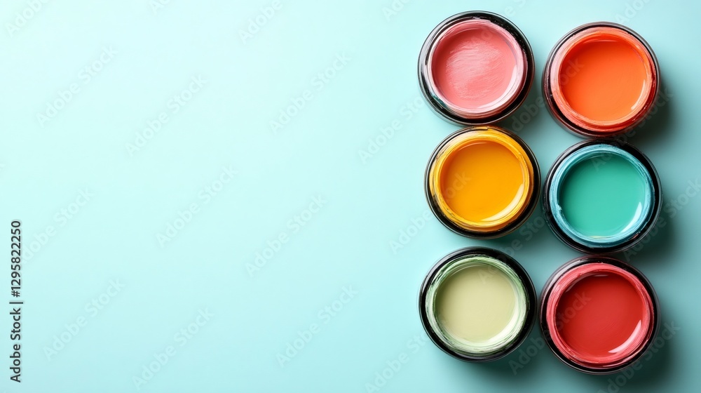 Colorful paint cans arranged on a light blue background for creative projects Colorful paint cans arranged on a light blue background for creative projects