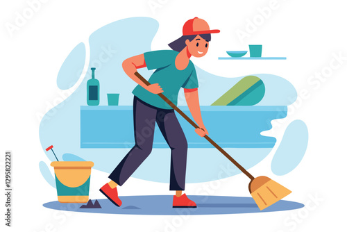 Indoor cleaning activity taking place in a bright, minimalist living space with plants and natural light coming through large windows