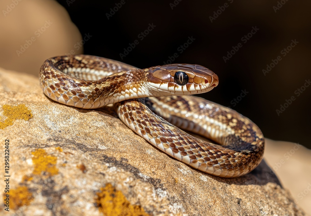 Brown and White Snake Coiled on a Rocky Surface with Textured Skin and Intense Eyes in Natural Habitat Under Bright Sunlight Brown and White Snake Coiled on a Rocky Surface with Textured Skin and Intense Eyes in Natural Habitat Under Bright Sunlight