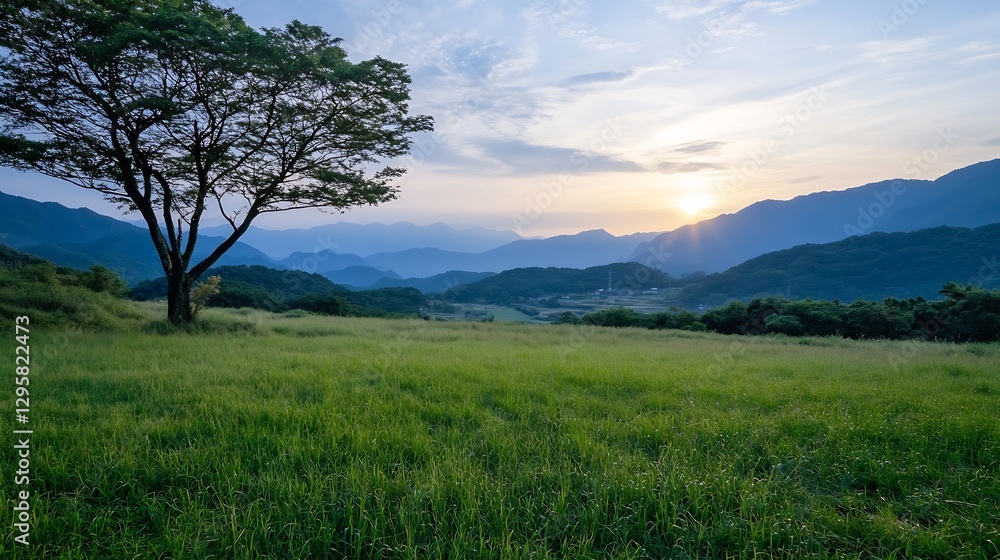 Lush Green Valley with Majestic Mountains and a Single Tree at Sunrise : Generative AI Lush Green Valley with Majestic Mountains and a Single Tree at Sunrise : Generative AI